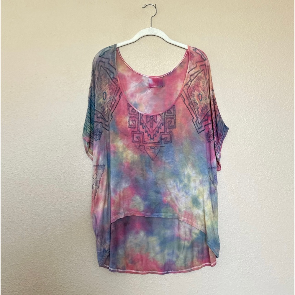Upcycled tie dye shirt sleeve tribal print tunic top - S
